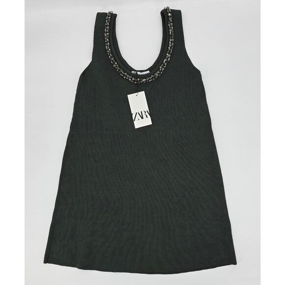 Zara Dark Olive Beaded Scoop Neck Sweater Dress – Size M – NWT - Picture 1 of 6